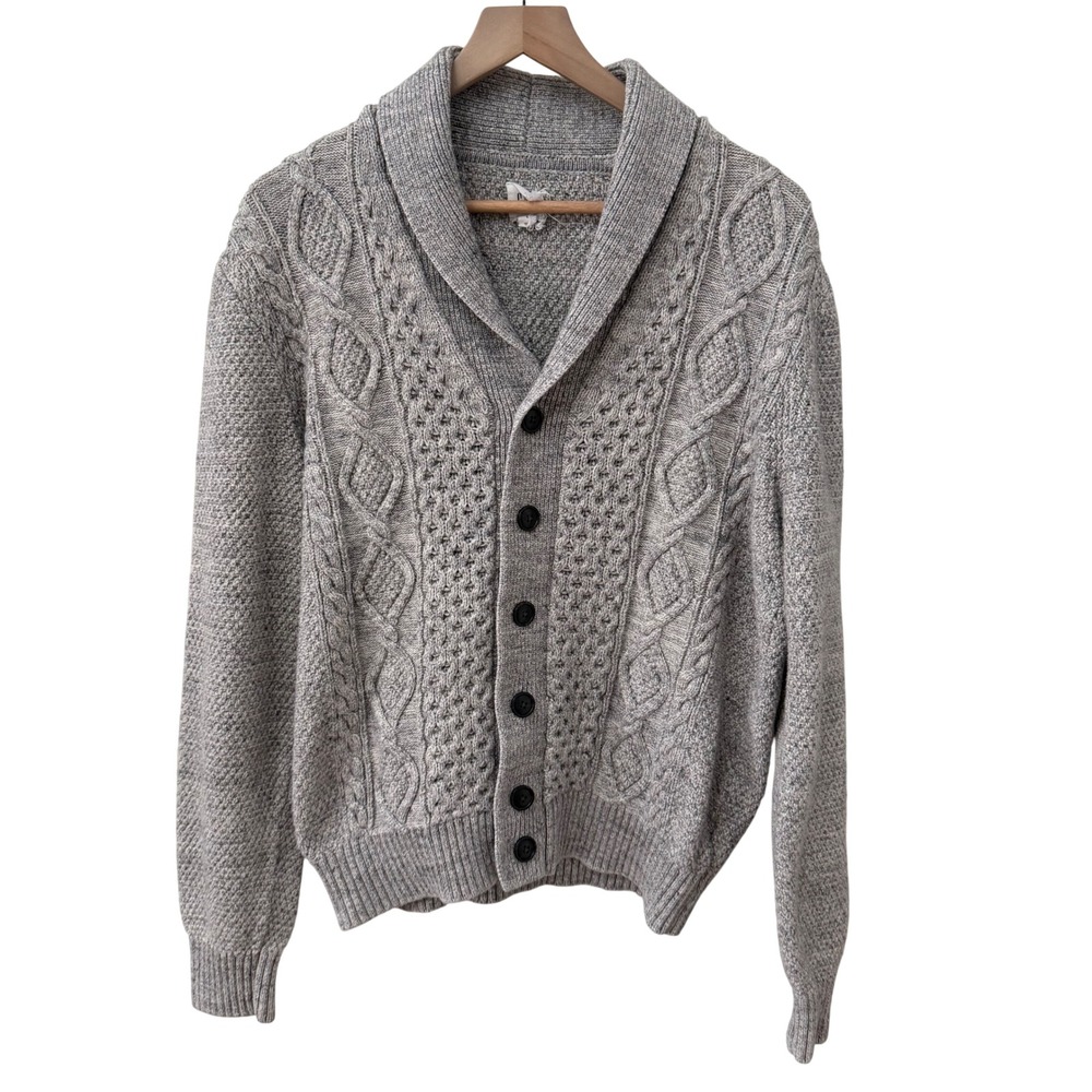Gap Cardigan‎ Sweater Large Gray Cable Knit Shawl Collar Button Front Mens